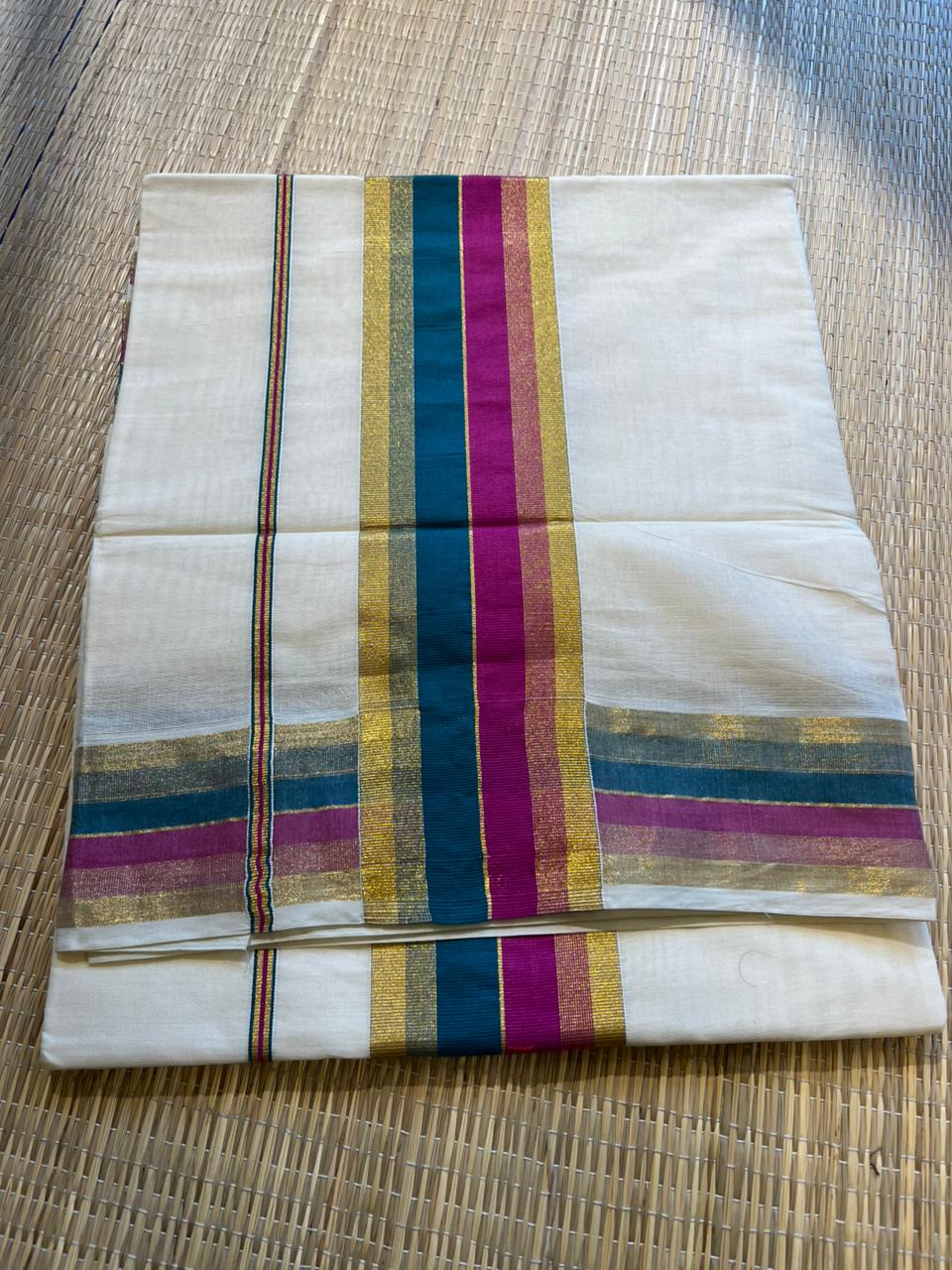 Kerala Cotton Kasavu Saree With Blue and Magenta Border SL443