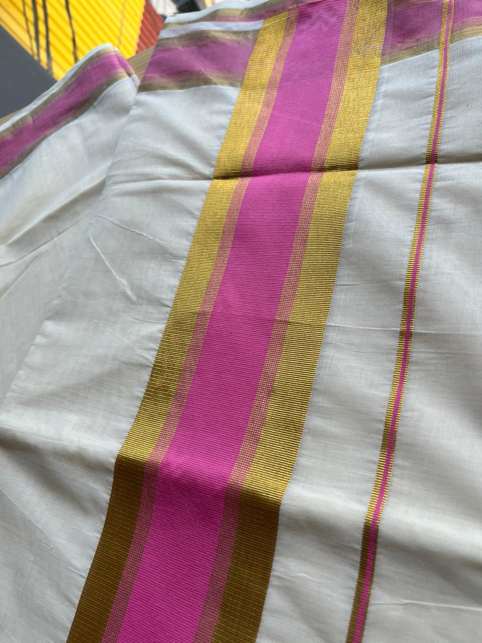 Kerala Cotton Kasavu Saree With Baby Pink Border SL446