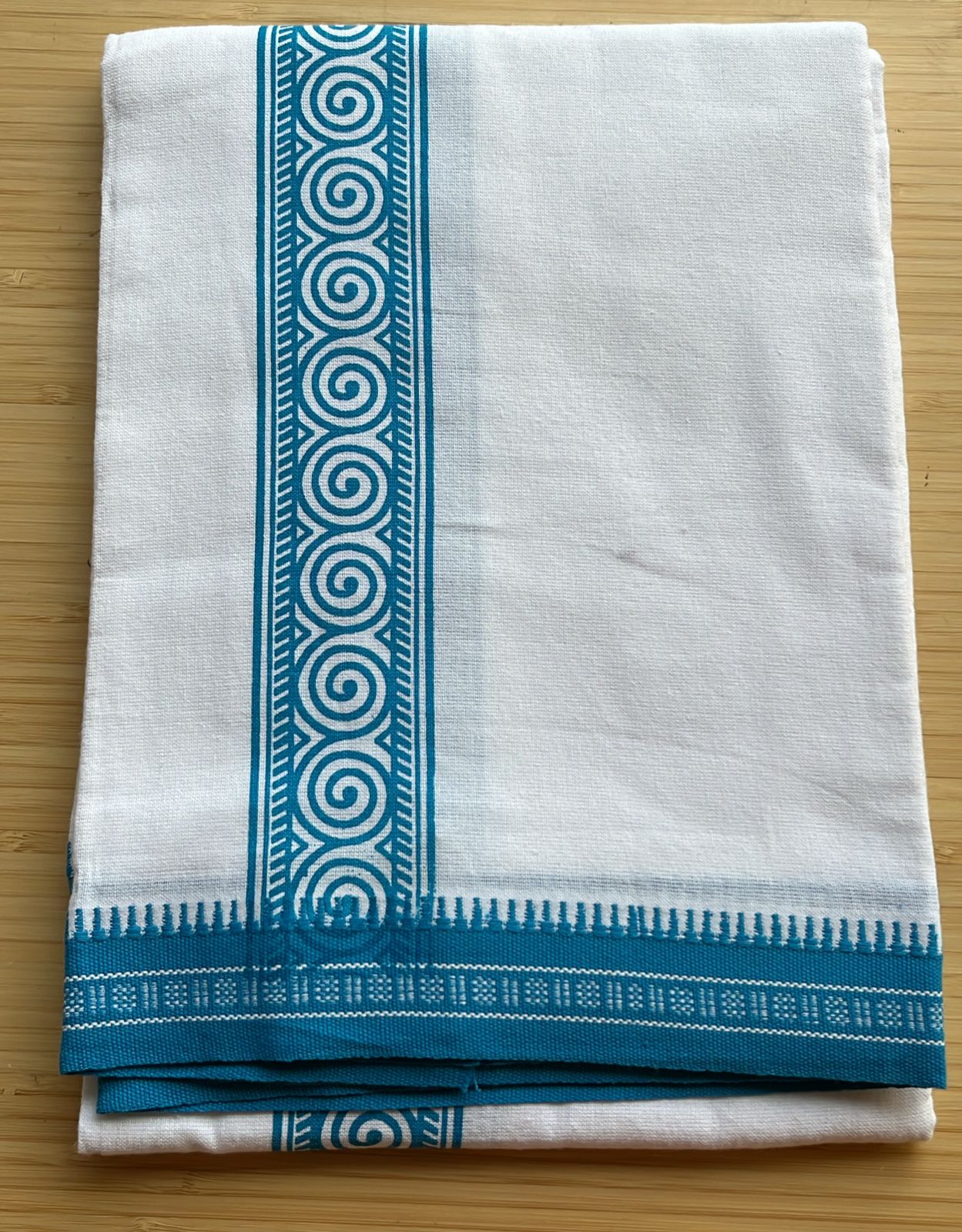 Pure White Single Dhoti With Blue Colour Print SL319