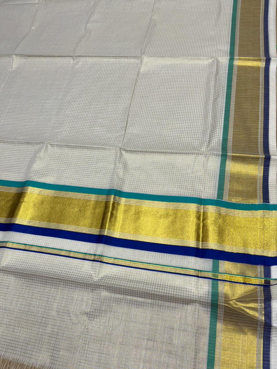 Southloom Kerala Cotton Kasavu Saree with Micro Check Design on Body in Turquoise And Blue Border SL451