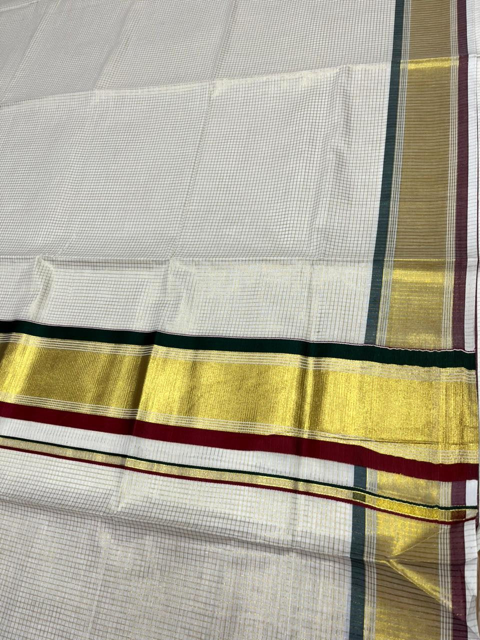 Southloom Kerala Cotton Kasavu Saree with Micro Check Design on Body in Green And Maroon Border SL447
