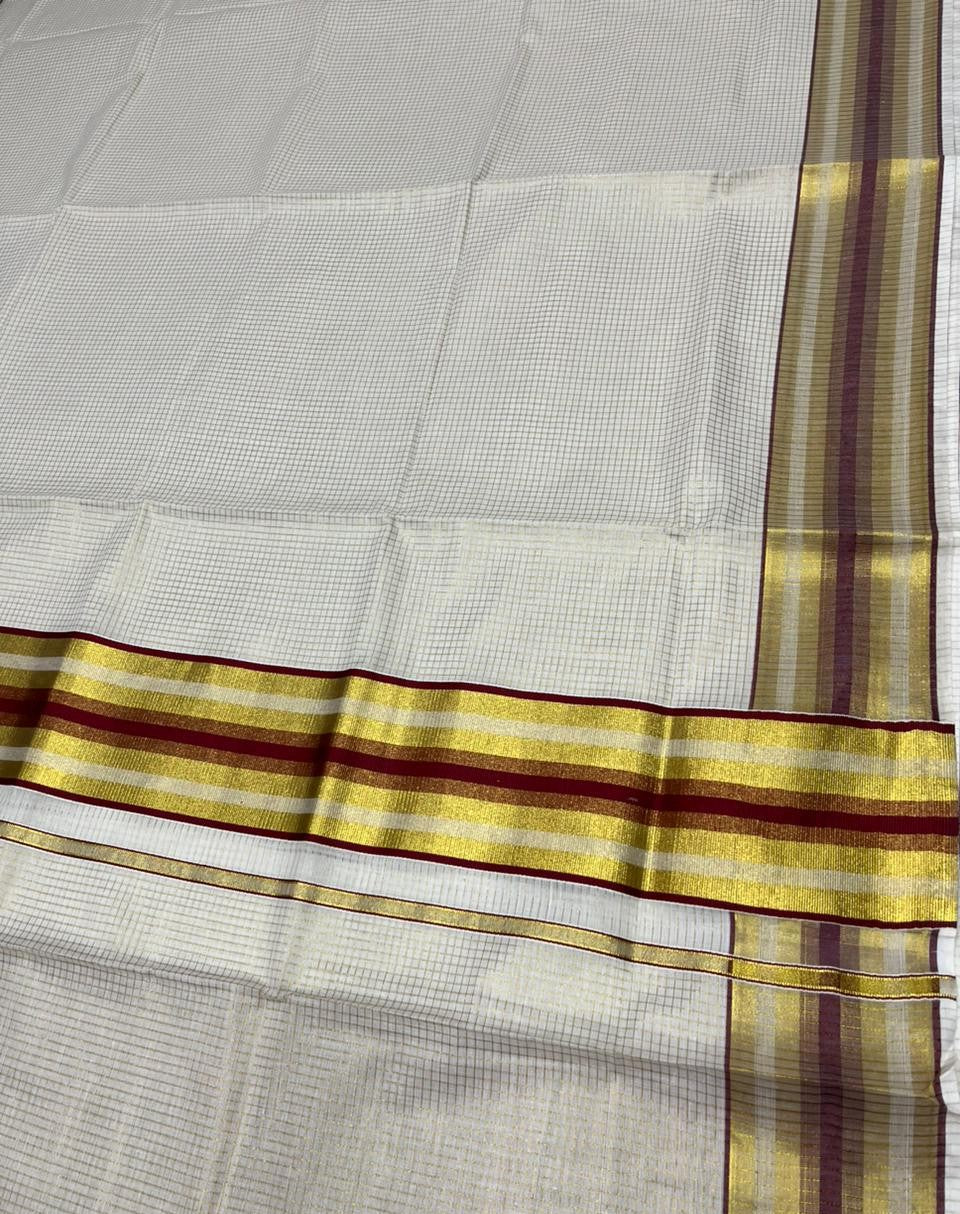 Southloom Kerala Cotton Kasavu Saree with Micro Check Design on Body in Maroon Border SL448