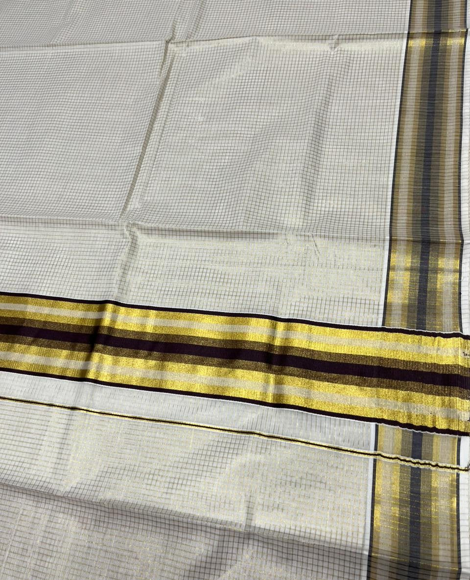 Southloom Kerala Cotton Kasavu Saree with Micro Check Design on Body in Brown Border SL448