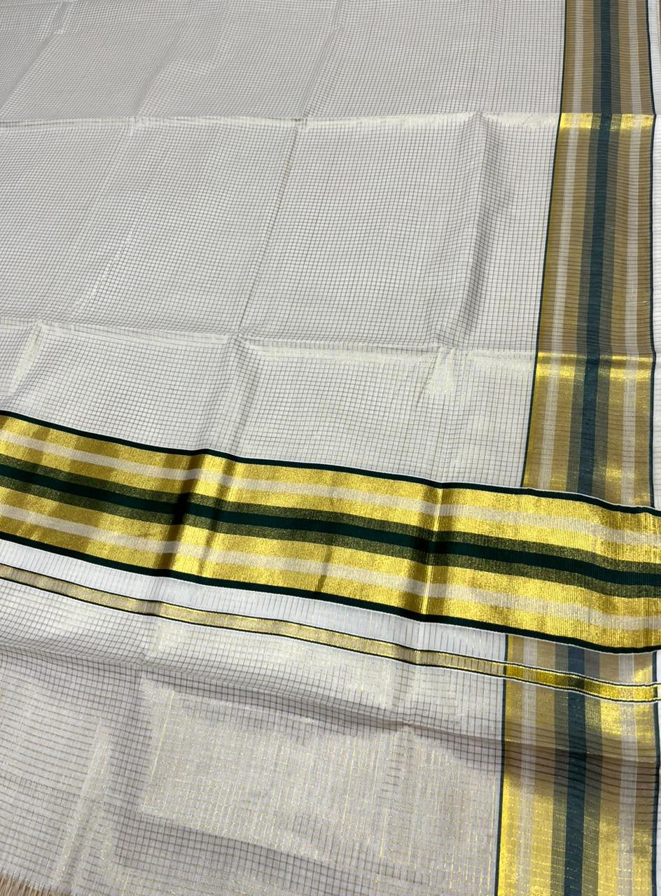 Southloom Kerala Cotton Kasavu Saree with Micro Check Design on Body in Green Border SL448