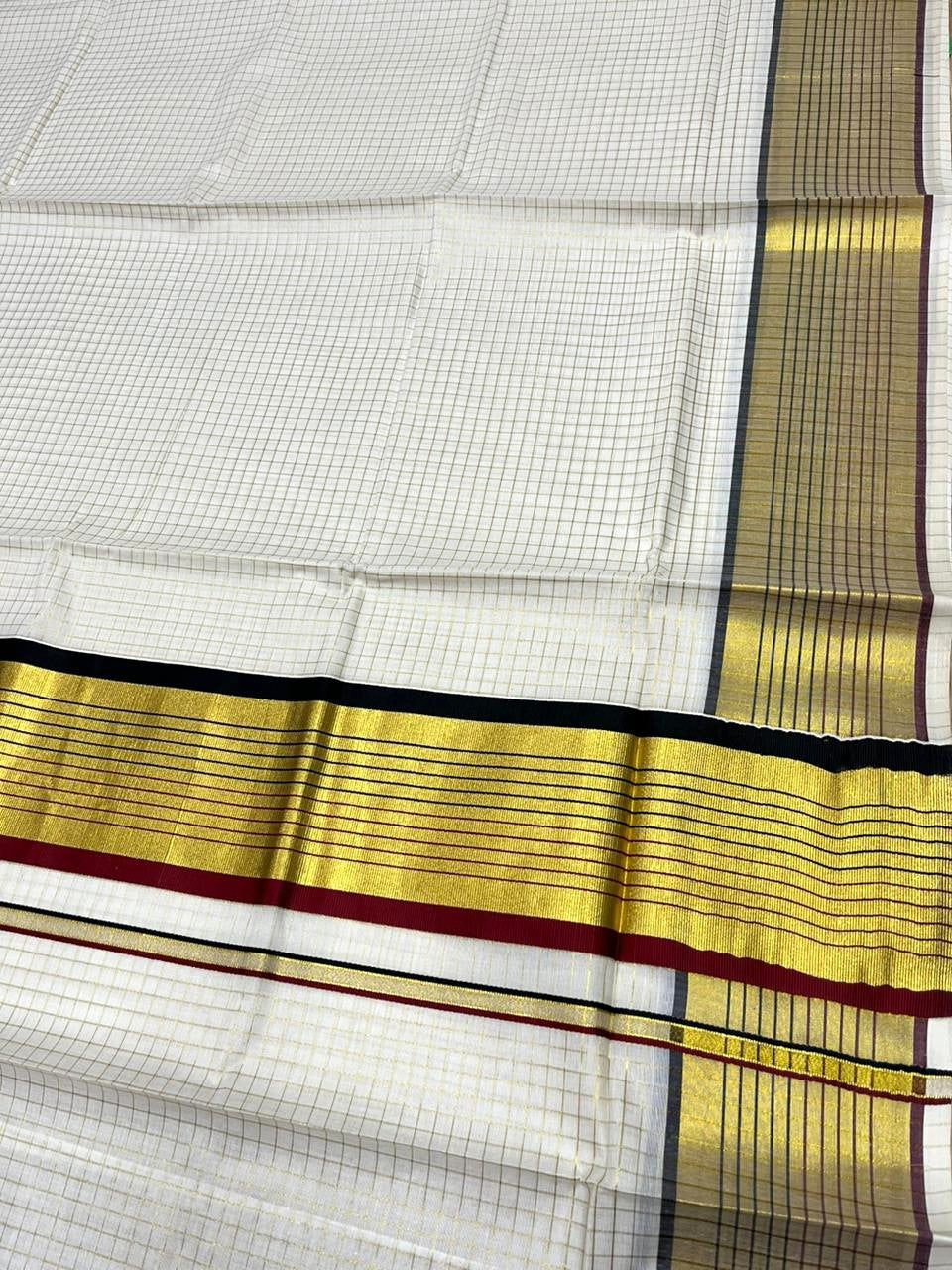 Southloom Kerala Cotton Kasavu Saree with Check Design on Body in Maroon And Black Border SL450
