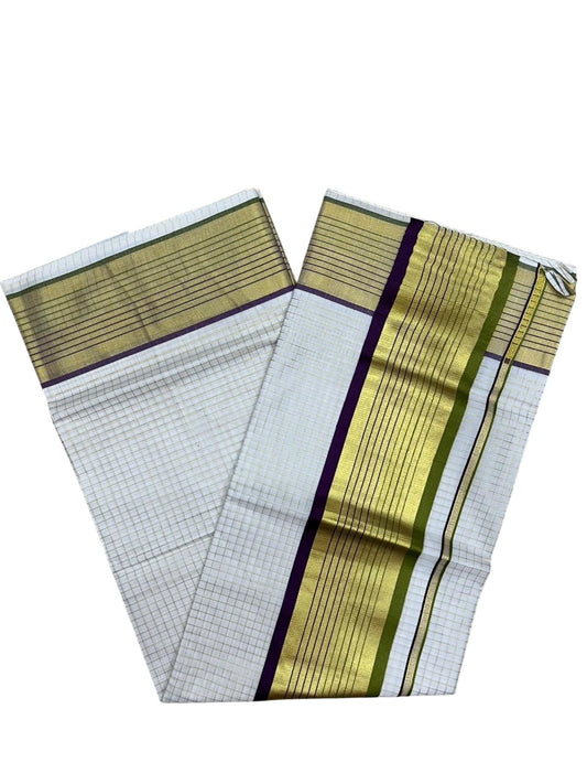 Southloom Kerala Cotton Kasavu Saree with Check Design on Body in Purple And Olive Green Border SL450