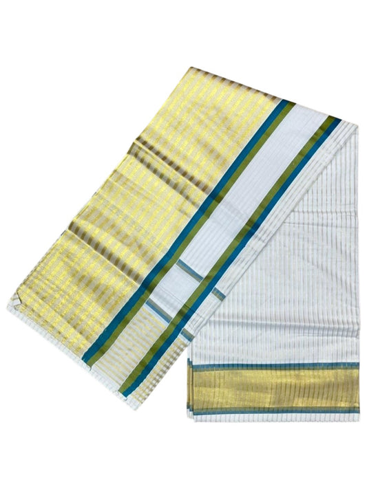 Southloom Kerala Cotton Kasavu Saree with Stripes on Body and Border in Peacock Blue And Olive Green Border SL457