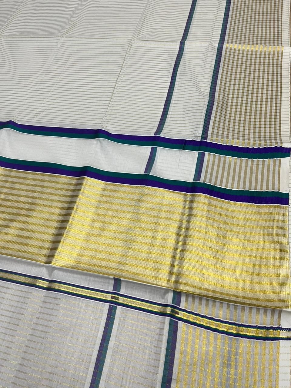 Southloom Kerala Cotton Kasavu Saree with Stripes on Body and Border in Peacock Green And Violet Border SL457