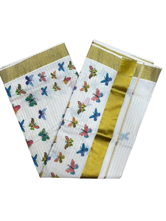 Southloom Kerala Cotton Kasavu Saree with Stripes With Multicolour Butterfly Digital Prints on Body and Borders SL462