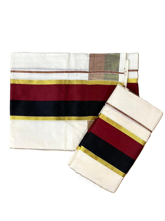 Southloom Cotton Set Mund With Kasavu Border In Black & Maroon With Tassels In 2.80 mtrs SLKK SL472
