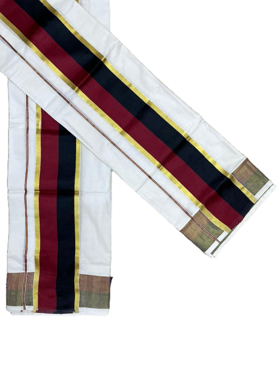 Southloom Cotton Set Mund With Kasavu Border In Black & Maroon With Tassels In 2.80 mtrs SL465