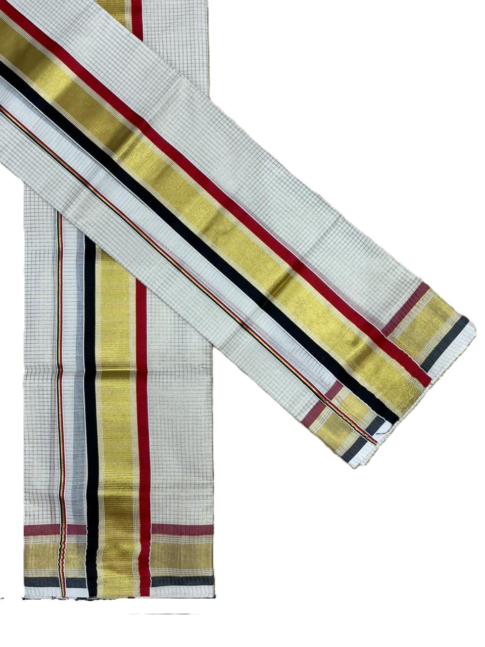 Southloom Pure Cotton Set Mundu with Gold Kasavu Micro Check Across Body in Black and Red SL466