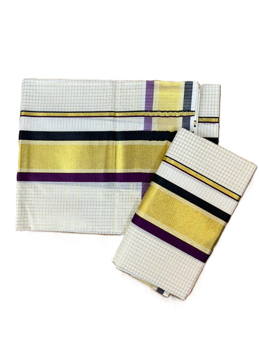 Southloom Pure Cotton Set Mundu with Gold Kasavu Micro Check Across Body in Purple and Black SLKK SL466