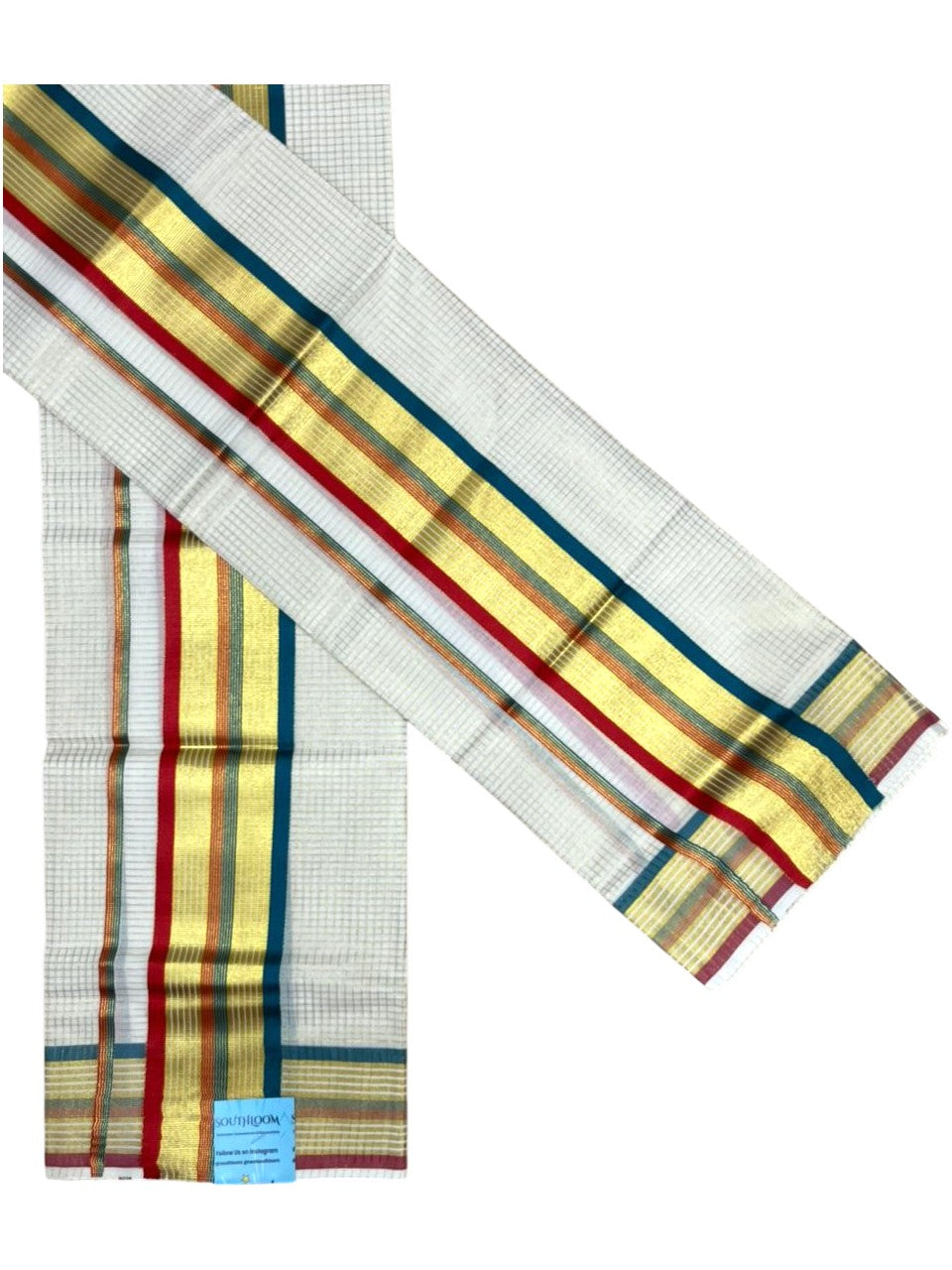 Southloom Pure Cotton Set Mundu with Gold Kasavu Micro Check Across Body in Peacock Green and Red SLKK SL447