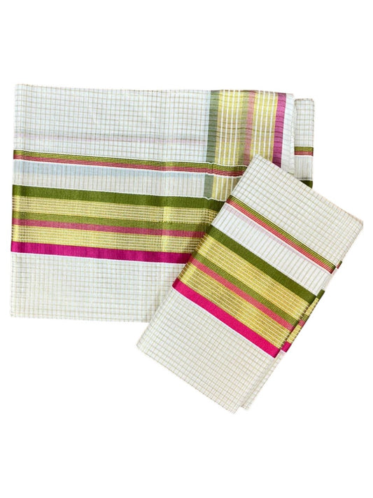 Southloom Pure Cotton Set Mundu with Gold Kasavu Micro Check Across Body in Olive Green and Magenta SLKK SL447