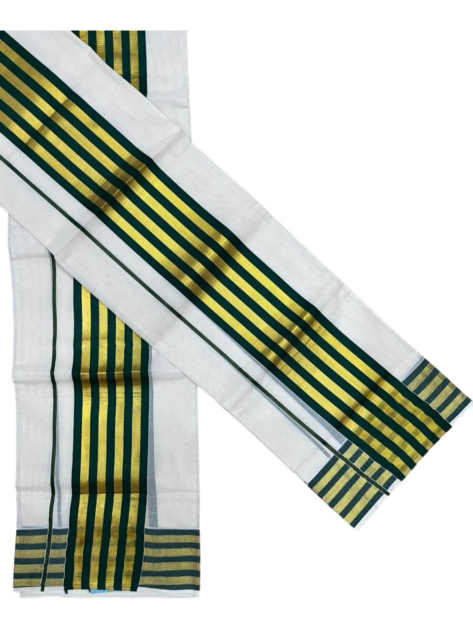 Southloom Cotton Single Kasavu Set Mundu (Mundu Neriyathum) With Gold Kasavu and Green Border 2.80 Mtrs SL463