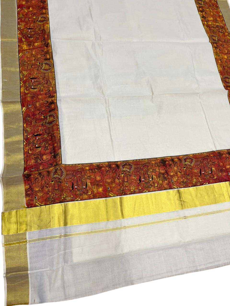 Southloom Kerala Cotton Kasavu Saree with Theyyam Prints And Gold Kasavu Border SL474