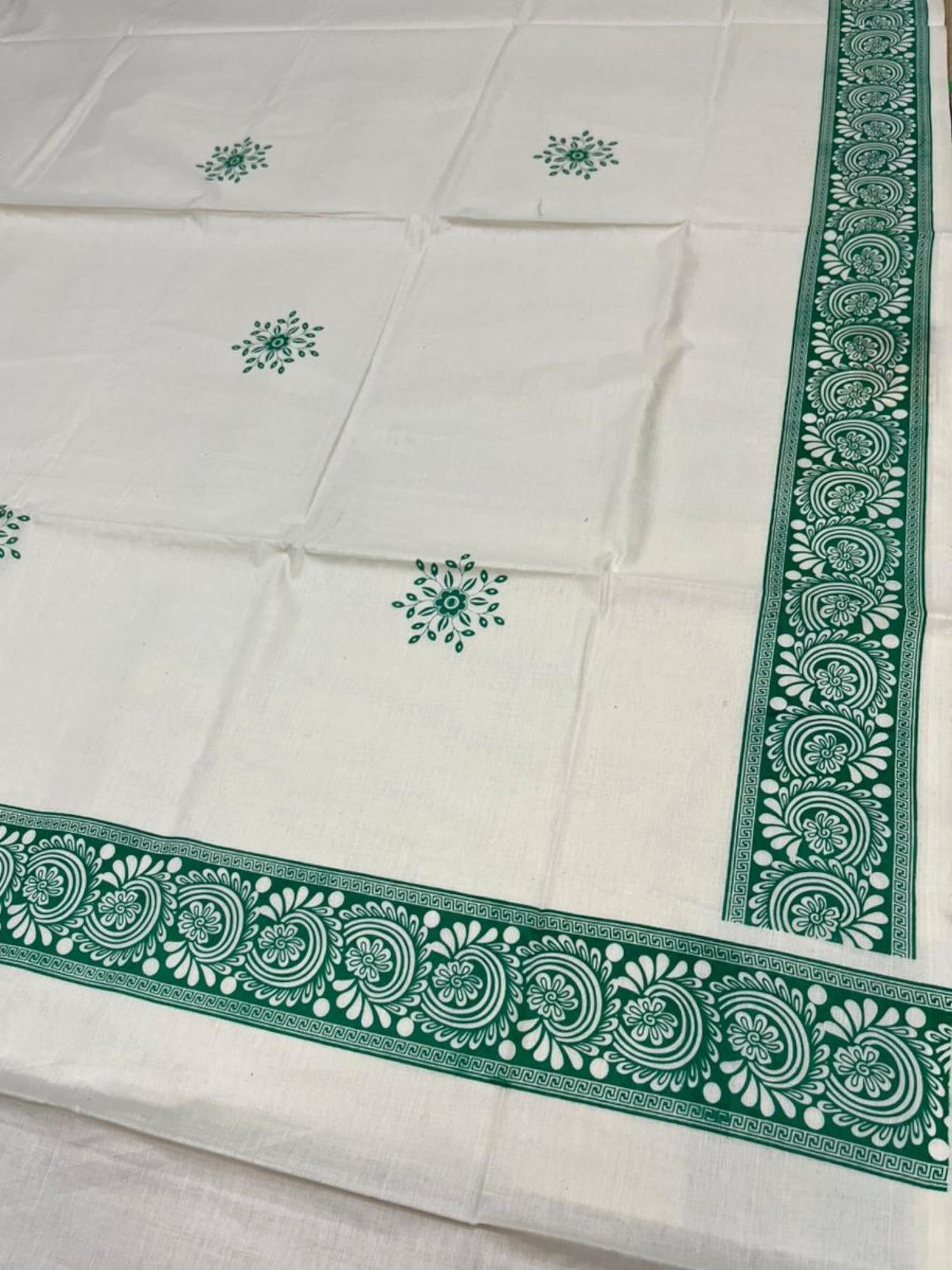 Southloom Kerala Cotton Saree with With Floral Digital Prints on Body and Borders in Green SL475