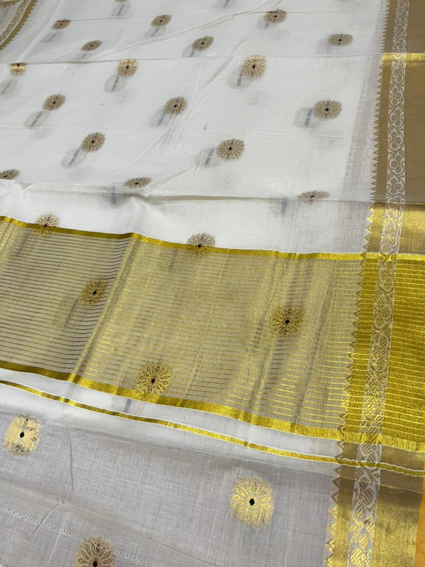 Southloom Pure Cotton Kerala Kasavu Heavy Work Saree with Paisley Floral Woven Design on Body and Temple Border SL479