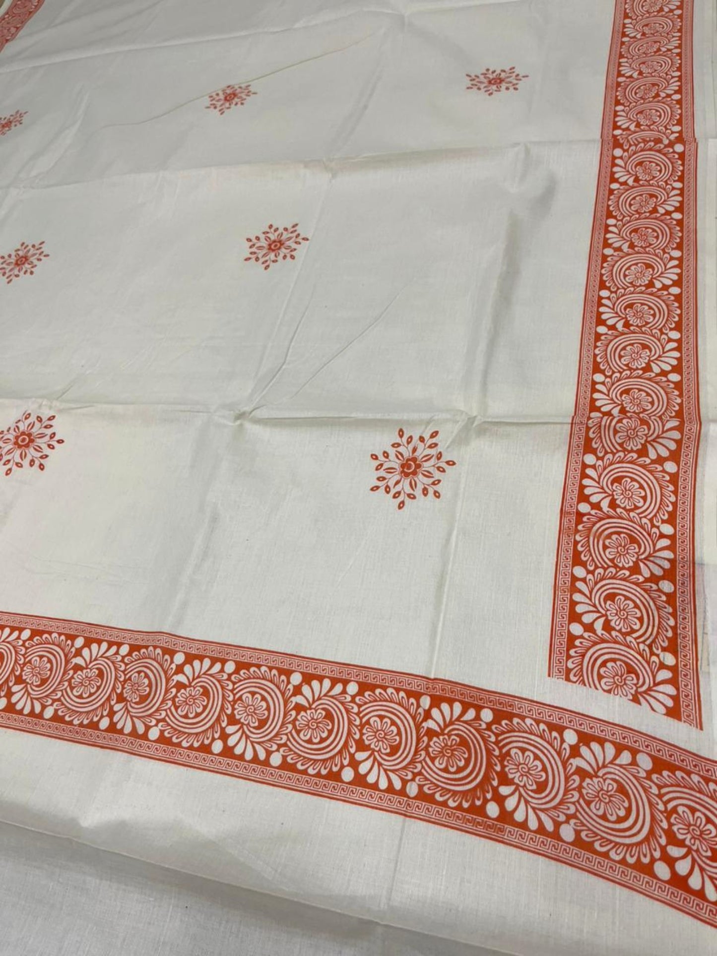 Southloom Kerala Cotton Saree with With Floral Digital Prints on Body and Borders in Orange SL475