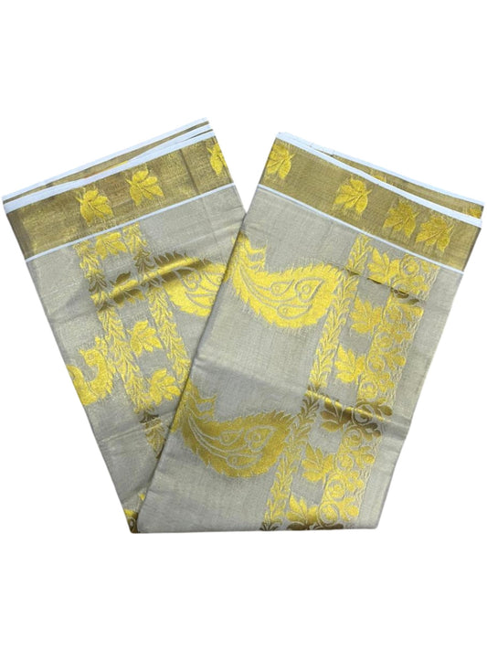 Southloom Tissue Kerala Kasavu Heavy Work Saree with Peacock and Leaf Woven Design on Body and Borders SL479