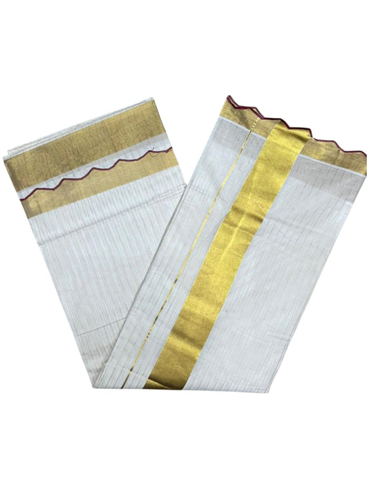 Southloom Pure Cotton Kerala Kasavu Saree with Stripes on Body and Scalloped Border in Maroon SL484