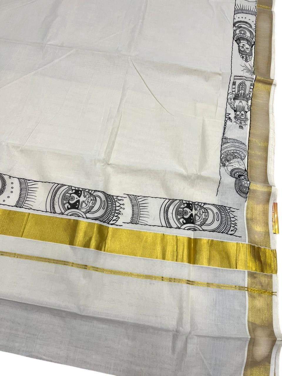 Southloom Cotton Kerala Kasavu Saree with Theyyam Mural Painted Design In Black SL486
