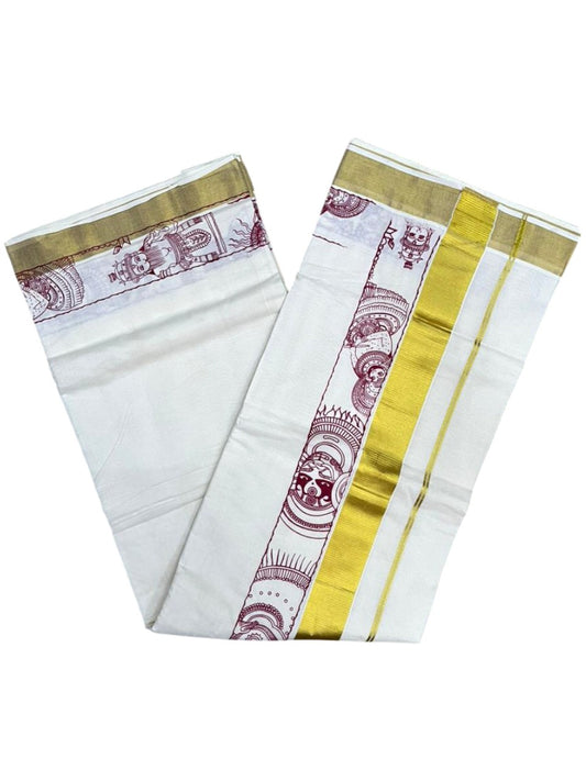 Southloom Cotton Kerala Kasavu Saree with Theyyam Mural Painted Design In Maroon SL486