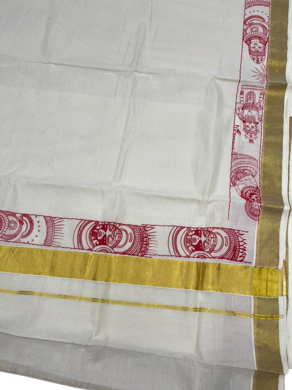 Southloom Cotton Kerala Kasavu Saree with Theyyam Mural Painted Design In Red SL486