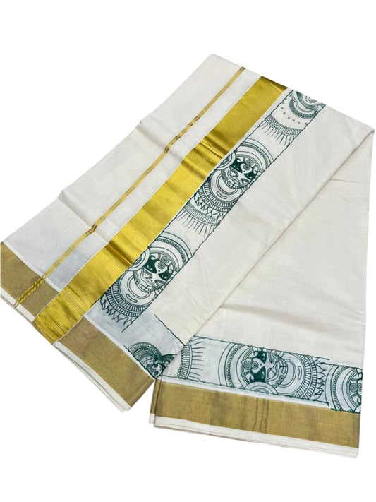 Southloom Cotton Kerala Kasavu Saree with Theyyam Mural Painted Design In Green SL486