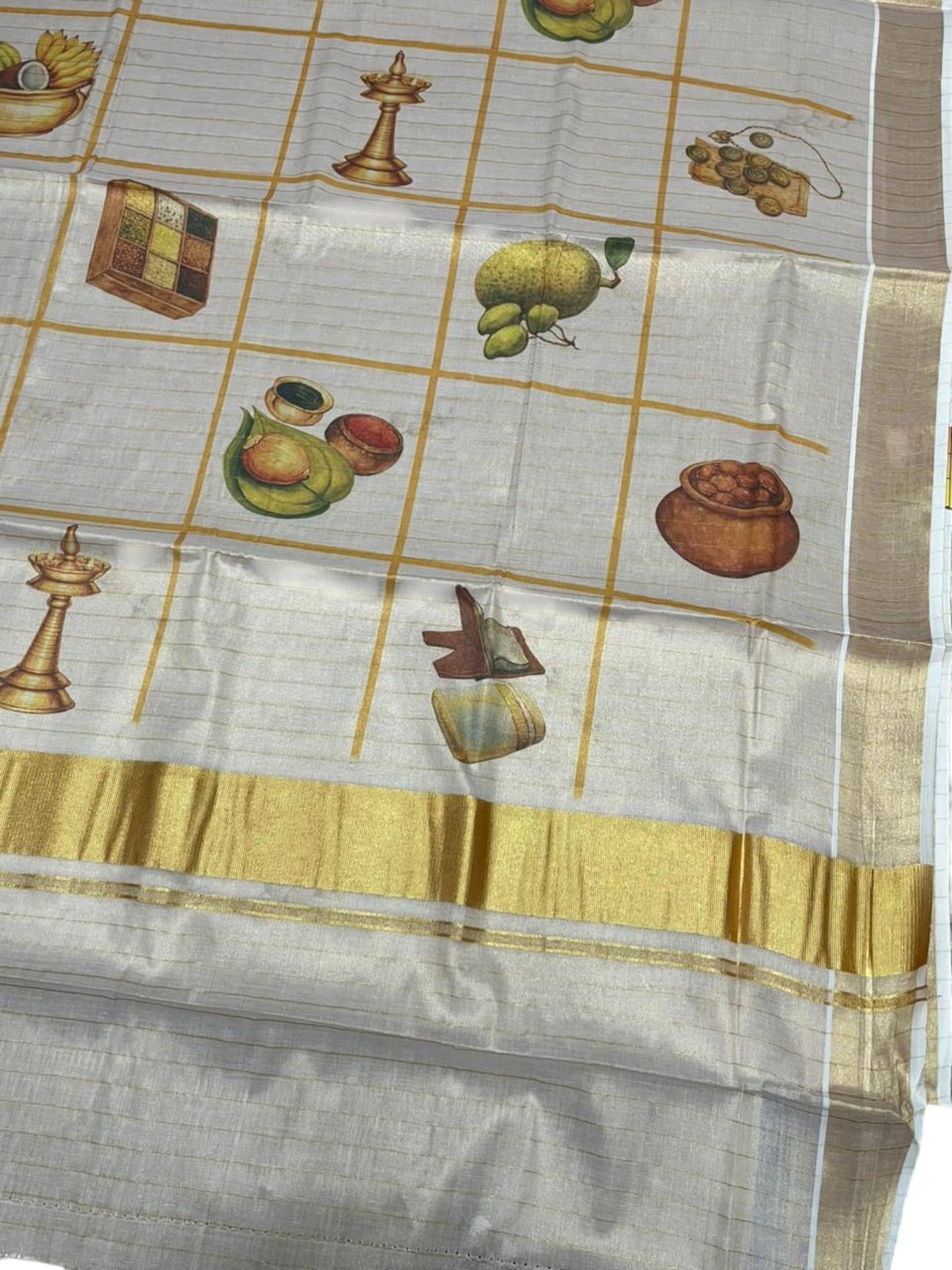 Southloom Tissue Kasavu Lines Saree with Kanikonna Floral Prints on Body SL489