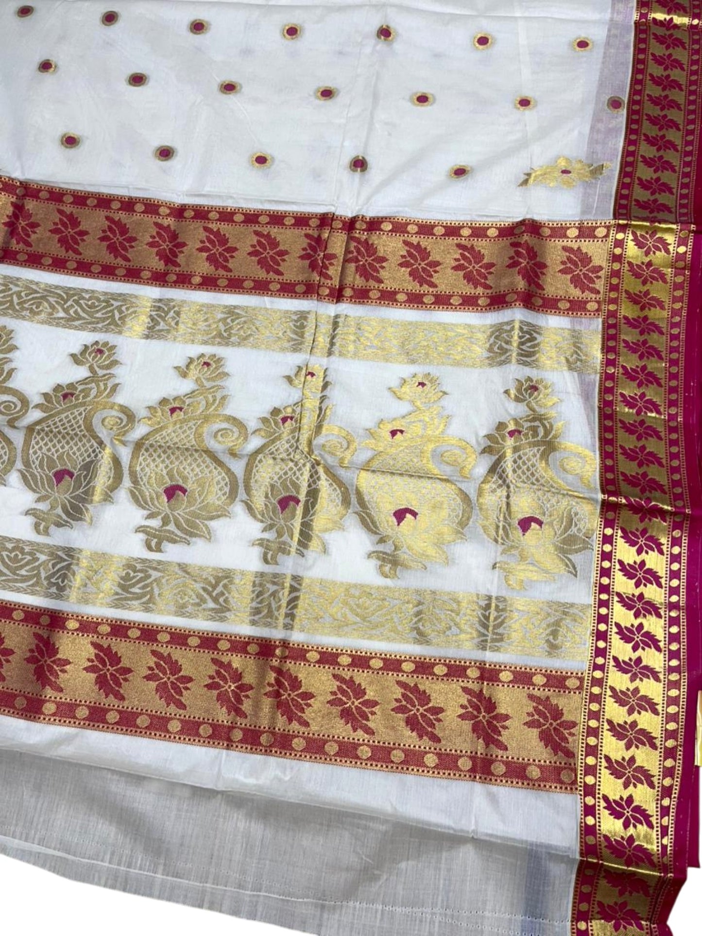 Southloom Pure Cotton Kerala Kasavu Heavy Work Saree with Polka Woven Design on Body in Pink SL490