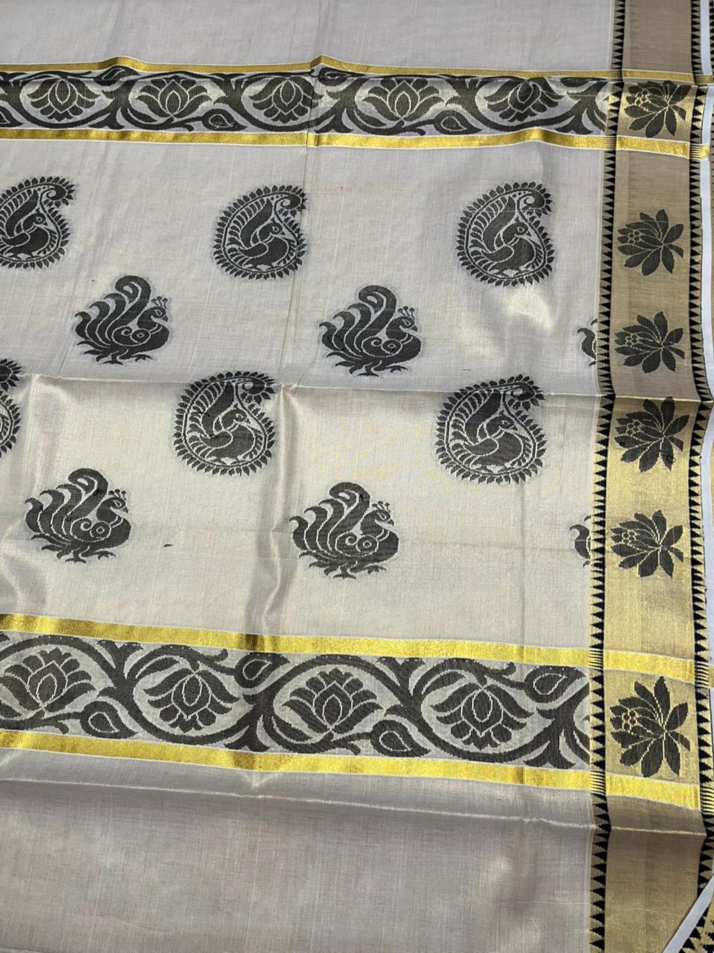 Southloom Kerala Tissue Kasavu Heavy Work Saree with Peacock and Paisley Woven Design on Body and with Temple Border SL490