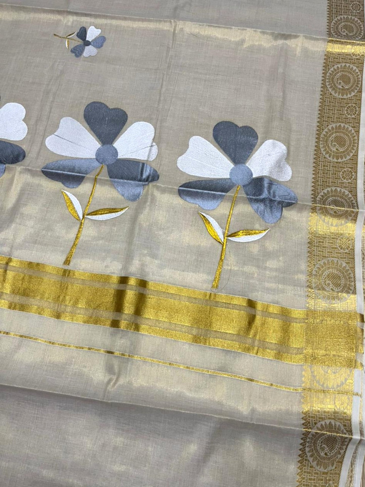 Southloom Kerala Tissue Kasavu Saree with Grey Floral Embroidery Work on Body and Peacock Woven Design on Border SL491