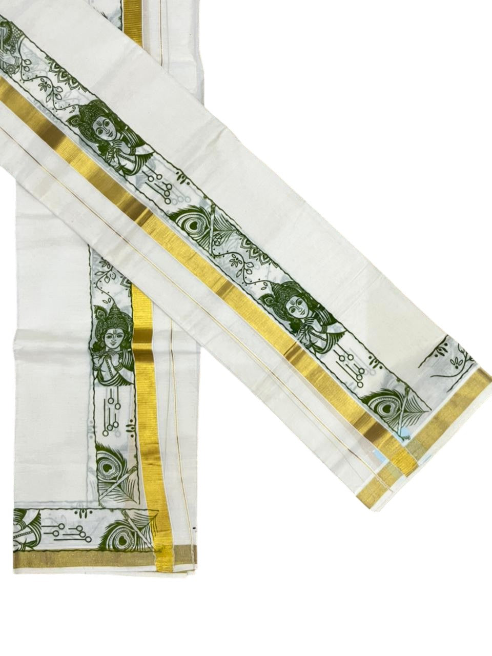 Southloom Kerala Cotton Single Set Mundu (Mundum Neriyathum) with Mural Digital Print And Gold Kasavu Border In Olive Green 2.80 mtr SL486