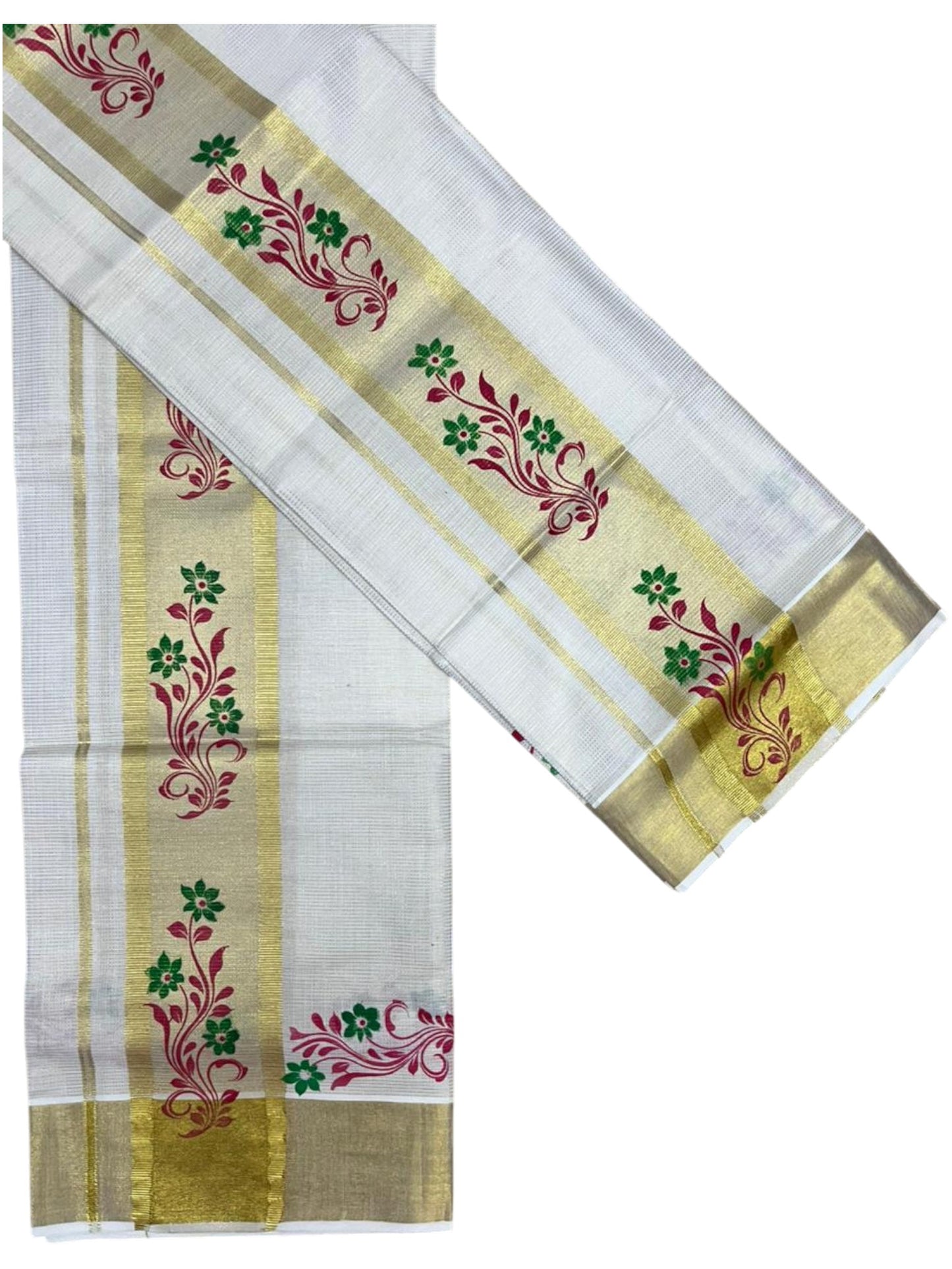 Southloom Pure Cotton Set Mundu with Gold Kasavu and Micro Stripes Across Body with Floral Print in Magenta and Green 2.80 Mtrs SL405