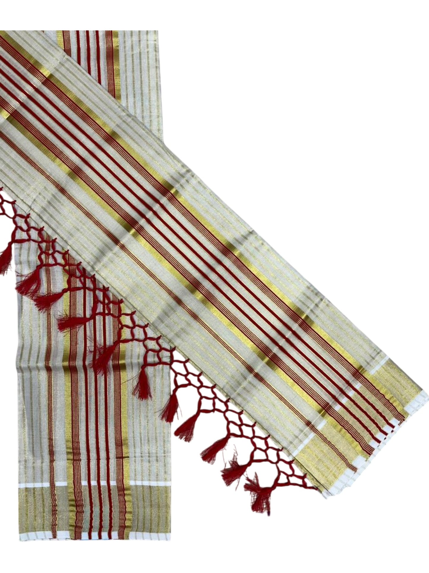 Southloom Tissue Set Mundu with Gold Kasavu and Stripes on Body in Red 2.80 Mtrs SL493