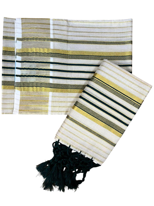 Southloom Tissue Set Mundu with Gold Kasavu and Stripes on Body in Dark Green 2.80 Mtrs SL493