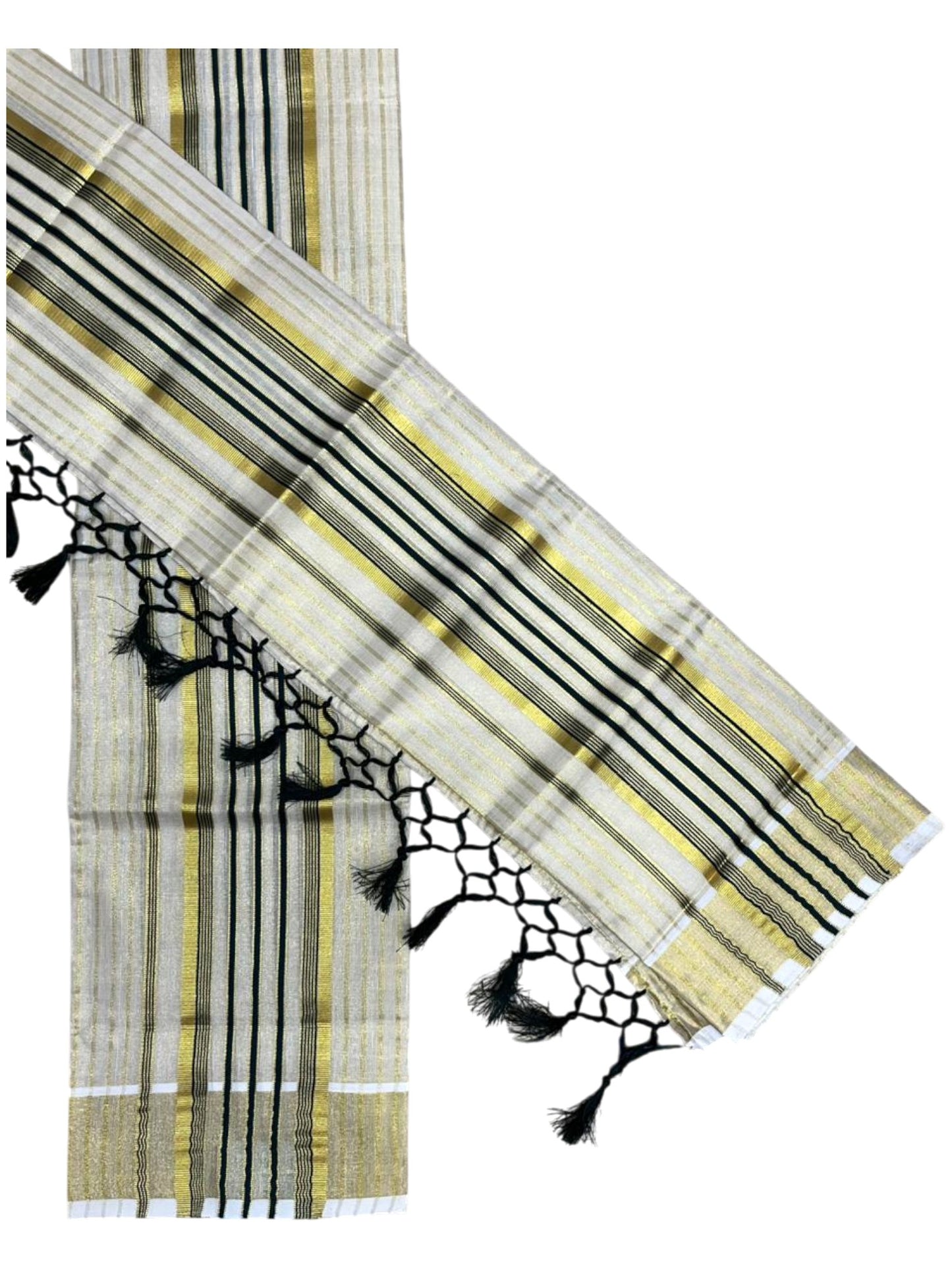 Southloom Tissue Set Mundu with Gold Kasavu and Stripes on Body in Dark Green 2.80 Mtrs SL493