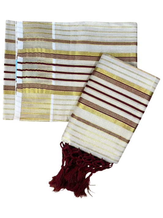 Southloom Tissue Set Mundu with Gold Kasavu and Stripes on Body in Maroon 2.80 Mtrs SL493