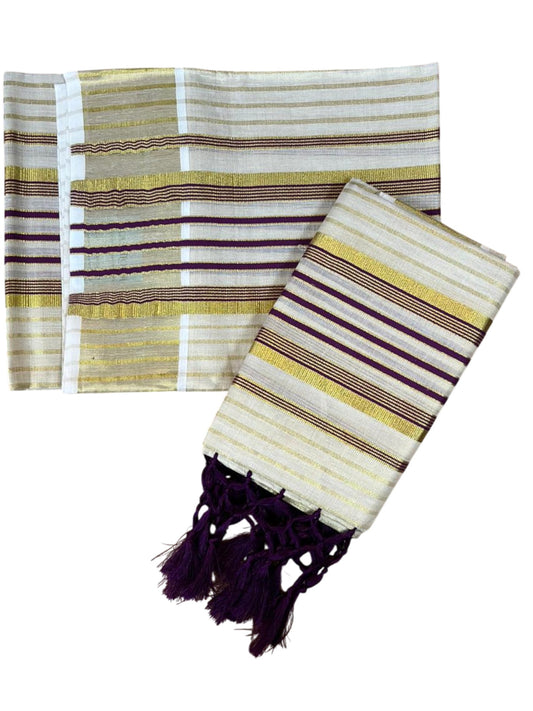 Southloom Tissue Set Mundu with Gold Kasavu and Stripes on Body in Purple 2.80 Mtrs SL493