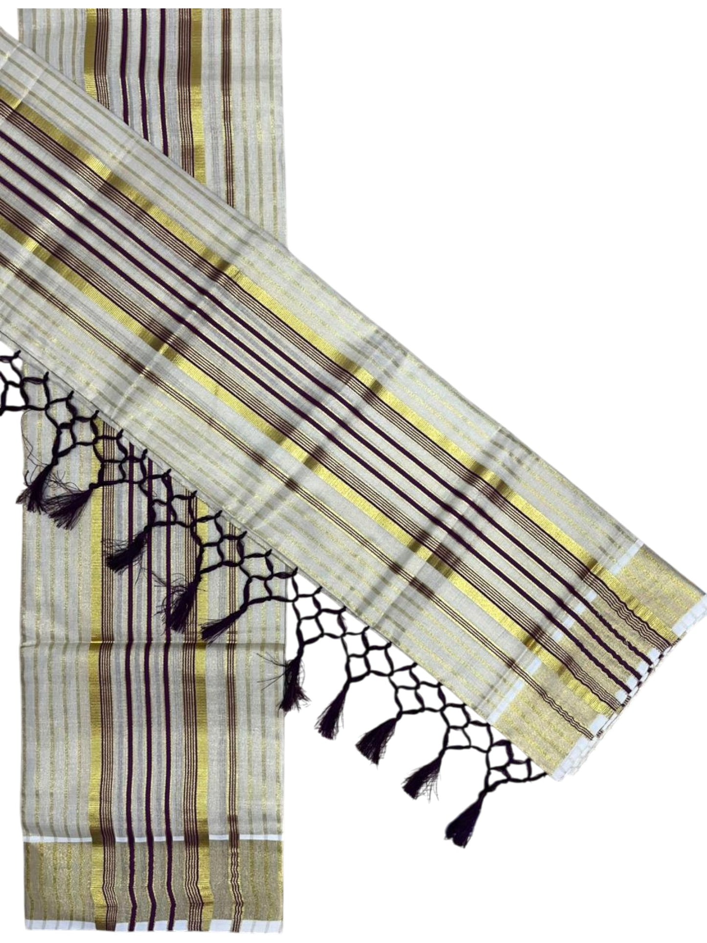 Southloom Tissue Set Mundu with Gold Kasavu and Stripes on Body in Purple 2.80 Mtrs SL493