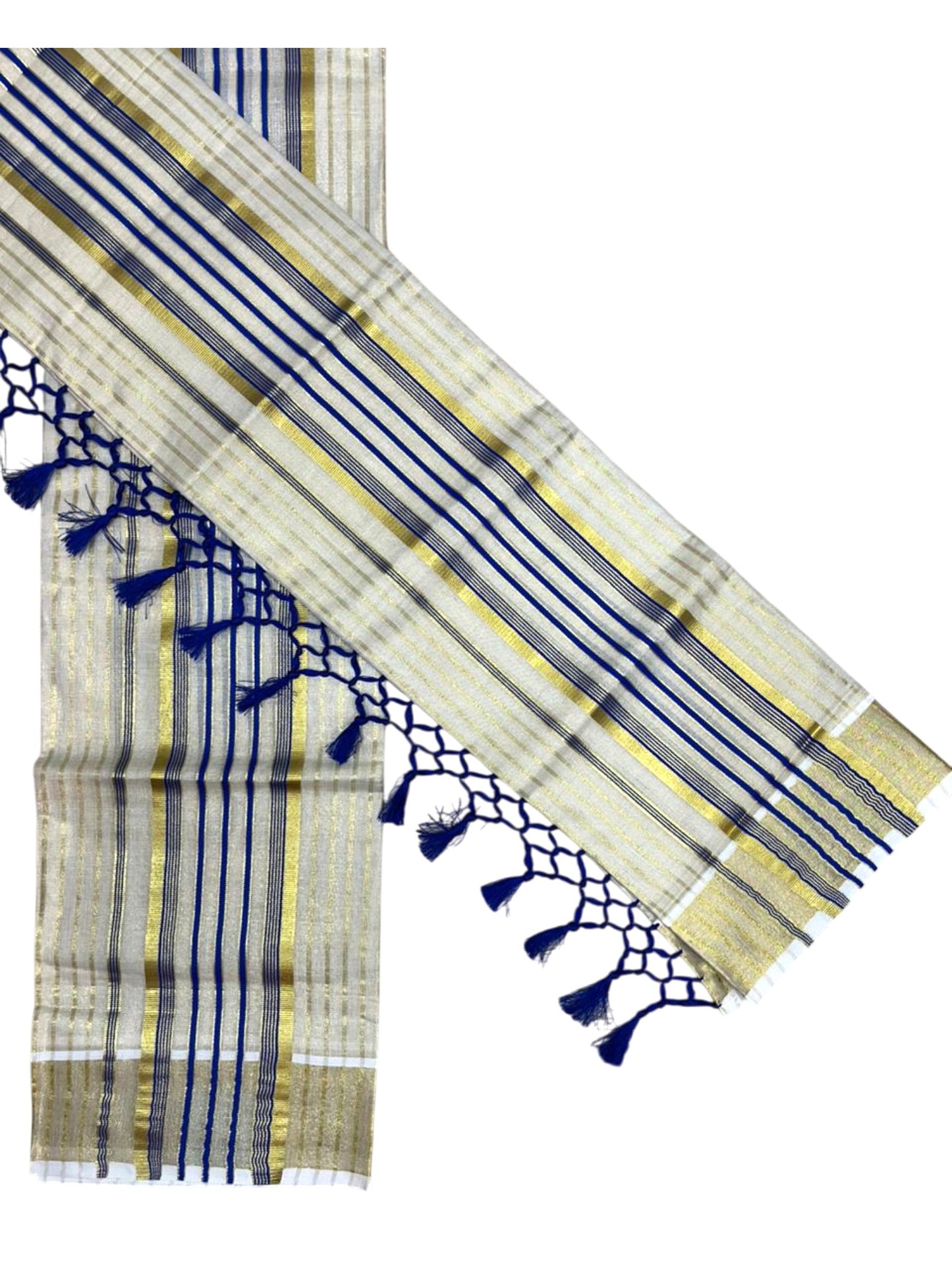 Southloom Tissue Set Mundu with Gold Kasavu and Stripes on Body in Blue 2.80 Mtrs SL493