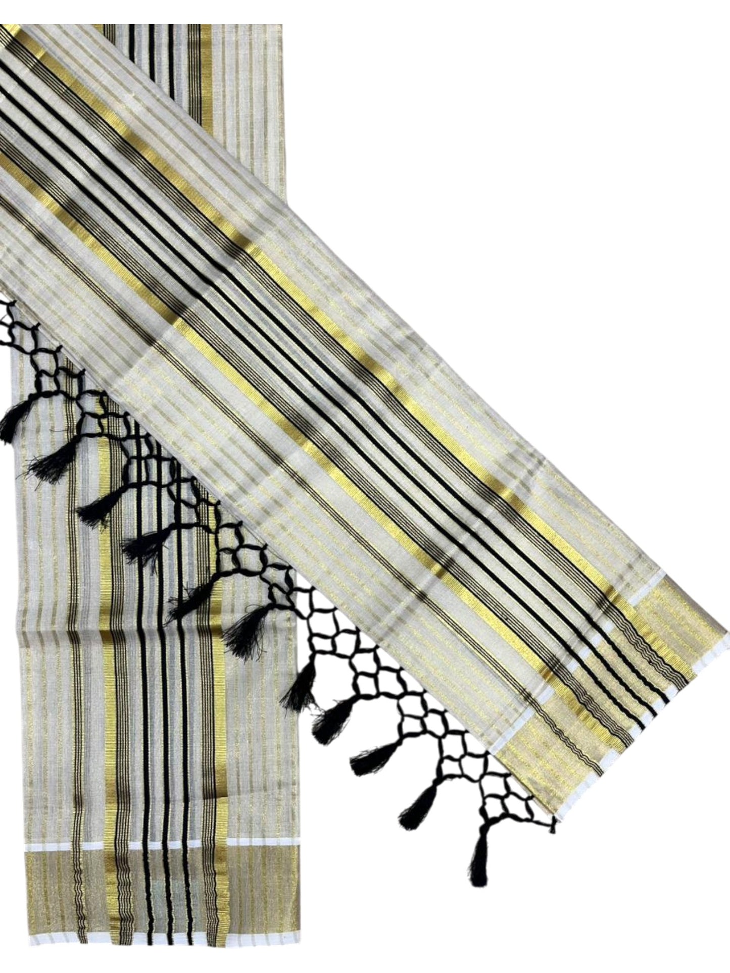 Southloom Tissue Set Mundu with Gold Kasavu and Stripes on Body in Black 2.80 Mtrs SL493