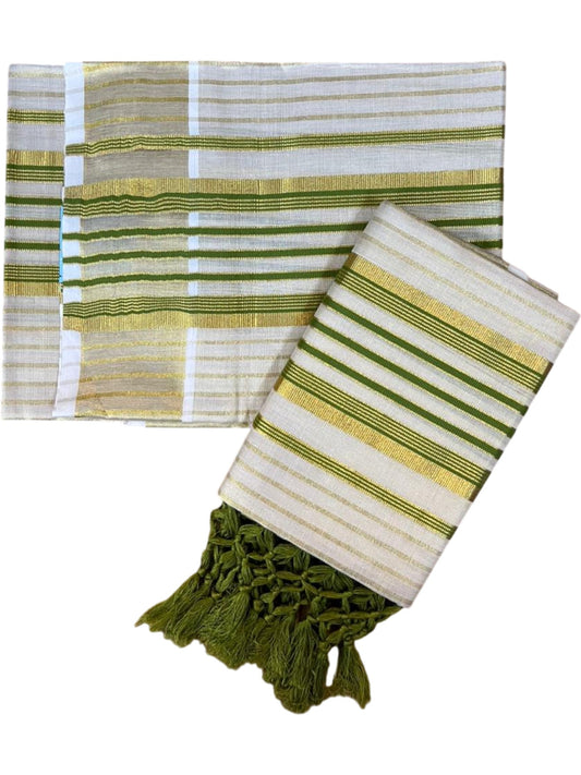 Southloom Tissue Set Mundu with Gold Kasavu and Stripes on Body in Olive Green 2.80 Mtrs SL493