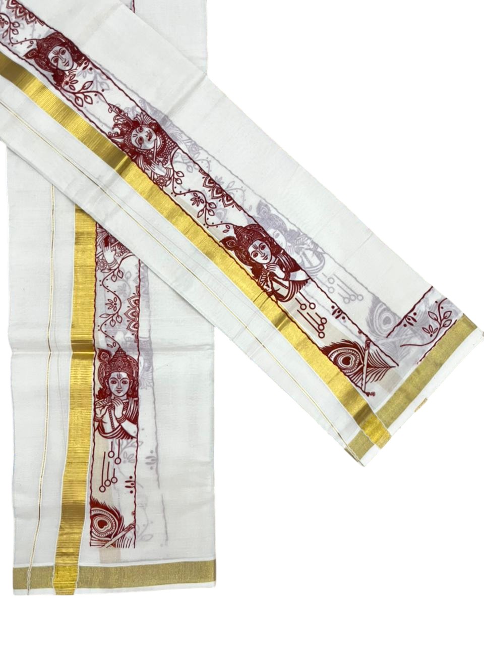 Southloom Kerala Cotton Single Set Mundu (Mundum Neriyathum) with Mural Digital Print And Gold Kasavu Border In Red 2.80 mtr SL486