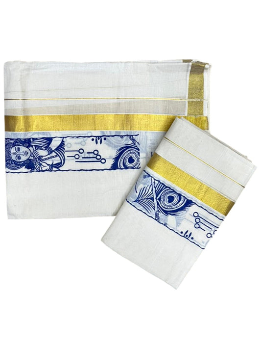 Southloom Kerala Cotton Single Set Mundu (Mundum Neriyathum) with Mural Digital Print And Gold Kasavu Border In Blue 2.80 mtr SL486