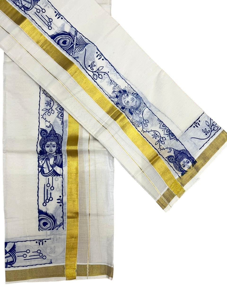 Southloom Kerala Cotton Single Set Mundu (Mundum Neriyathum) with Mural Digital Print And Gold Kasavu Border In Blue 2.80 mtr SL486