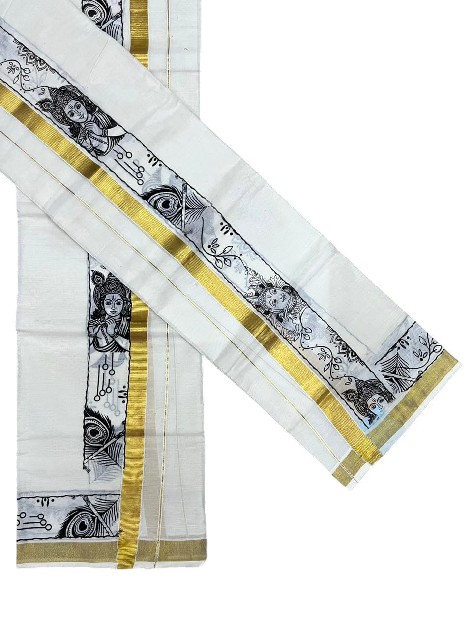 Southloom Kerala Cotton Single Set Mundu (Mundum Neriyathum) with Mural Digital Print And Gold Kasavu Border In Black 2.80 mtr SL486