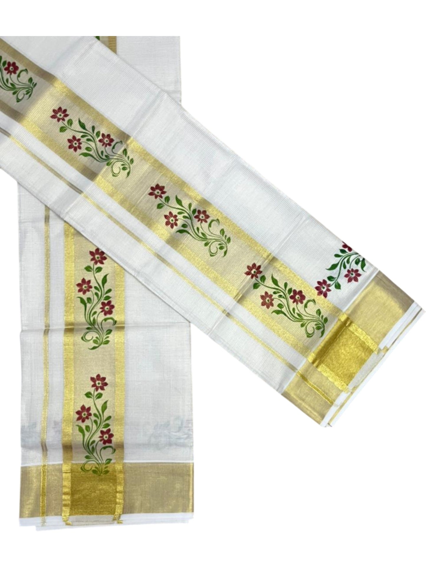 Southloom Pure Cotton Set Mundu with Gold Kasavu and Micro Stripes Across Body with Floral Print in Red and Green 2.80 Mtrs SL405